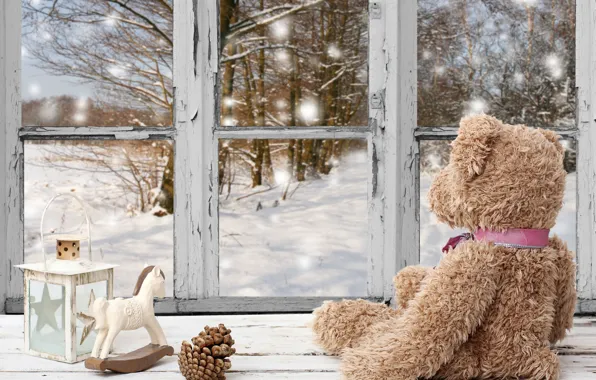 Winter, snow, decoration, New Year, window, Christmas, bear, Christmas