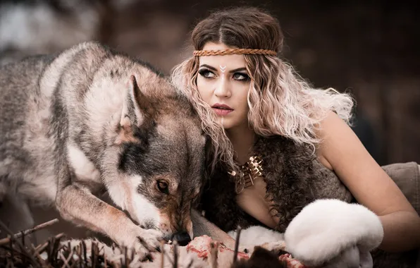 Girl, style, wolf, makeup, fantasy, blonde, meat, fur