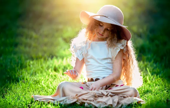 The sun, girl, hat, child photography, The beauty