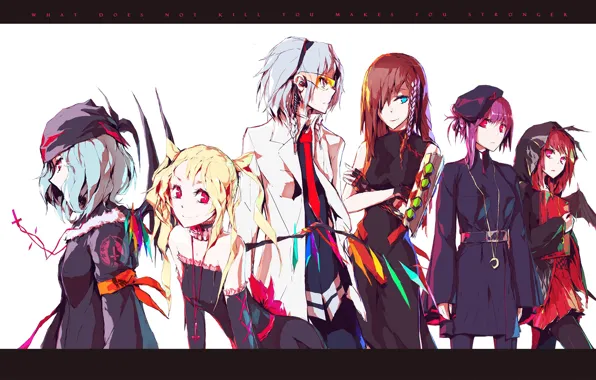 Wings, glasses, hood, tie, braids, red eyes, touhou, takes