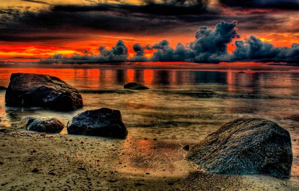 Picture sea, clouds, lake, stones, hdr, glow