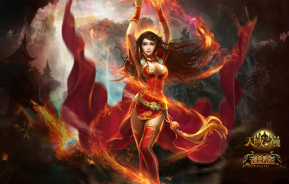 Girl, castle, fire, magic, dragon, battle, Art