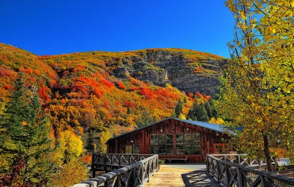 Picture autumn, trees, mountains, nature, house, photo