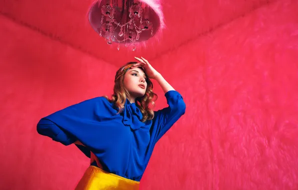 Girl, pose, style, chandelier, blouse, Daria Klepikova, fur walls
