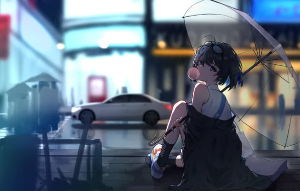 Girl, the city, rain, street, Honkai Impact 3rd