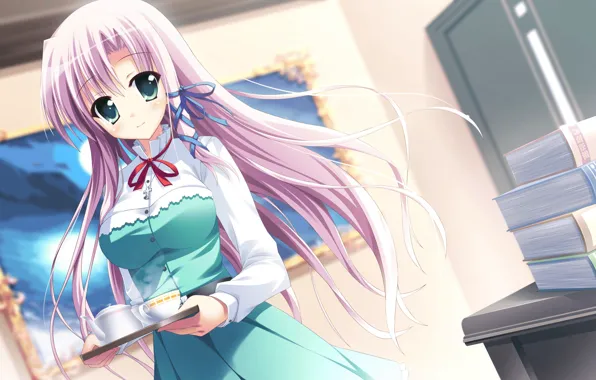 Girl, tea, books, set, tray