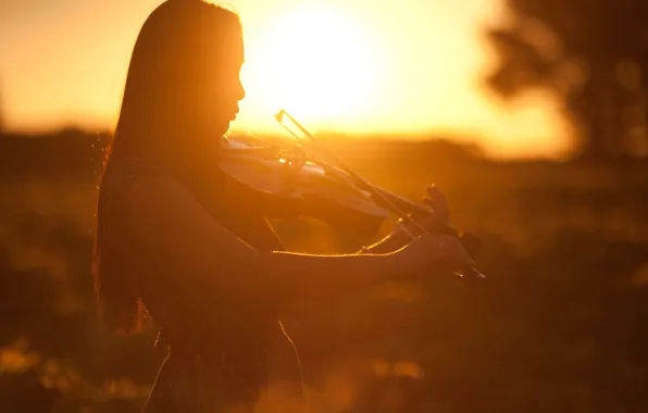 Girl, sunset, violin, profile, musical instrument