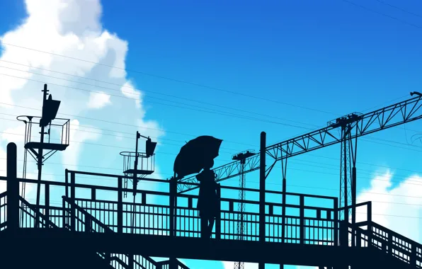 The sky, girl, umbrella, silhouette, overpass