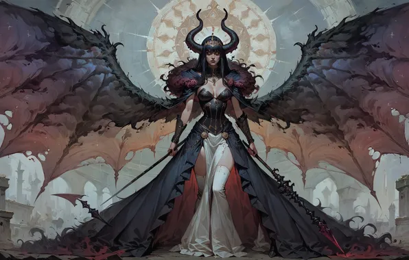 Wings, the demon, fantasy, horns, spear, lady