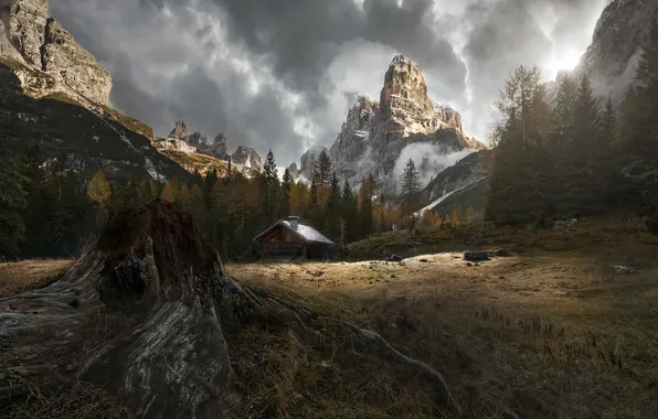 Mountains, house, stump