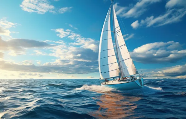 Sea, wave, the sky, water, clouds, blue, boat, sail