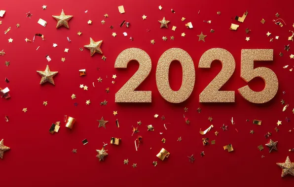 Stars, sequins, figures, New year, red background, gold, date, confetti