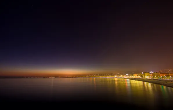 Picture light, night, lights, city, shore, coast, view, building