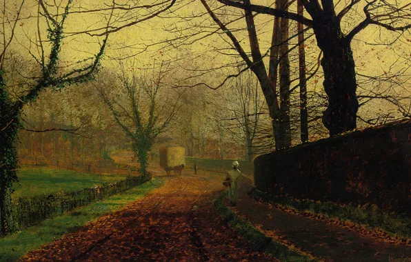 Trees, landscape, street, the fence, picture, wagon, John Atkinson Grimshaw, John Atkinson Grimshaw