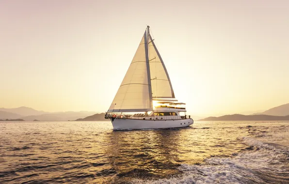 Sea, the way, coast, ship, sailboat, morning, yacht, sails