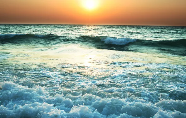 Wave, the sun, sunset, shore, Sea, horizon