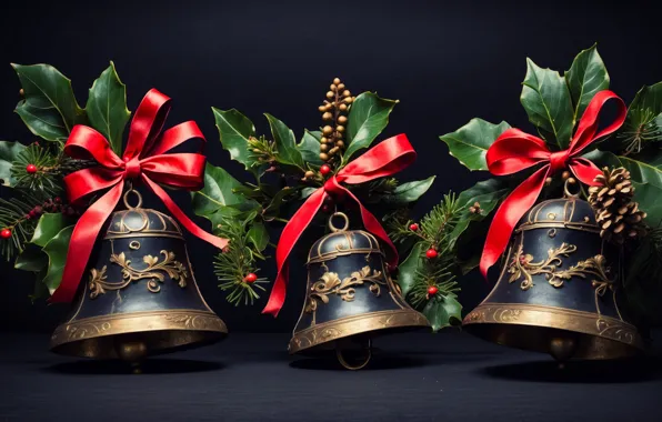 Leaves, branches, the dark background, fruit, Christmas, New year, bows, bells