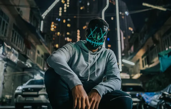 Machine, night, the city, lights, building, mask, guy, night city