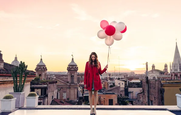 Picture girl, twilight, Italy, sunset, dusk, Rome, balloons, roof