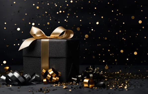 The dark background, gift, Christmas, gifts, New year, black background, gold plated, bows