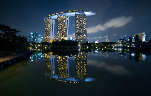 Night, lights, Singapore, the hotel, Marina Bay