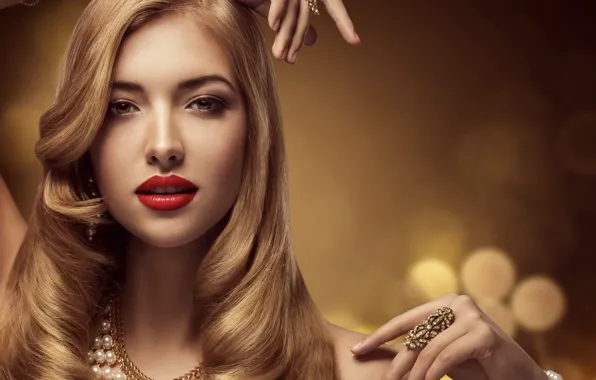 Style, hairstyle, blonde, pearl, bracelets, necklace, Inara Prusakova