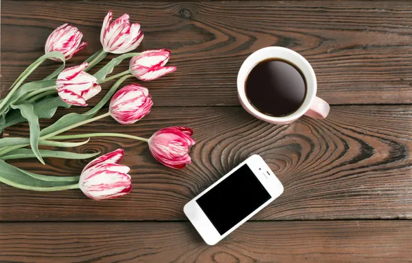 Flowers, coffee, tulips, phone