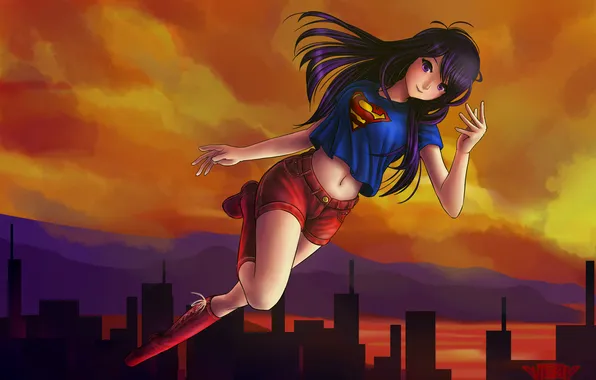 Picture girl, flight, anime, Mike, art, Supergirl