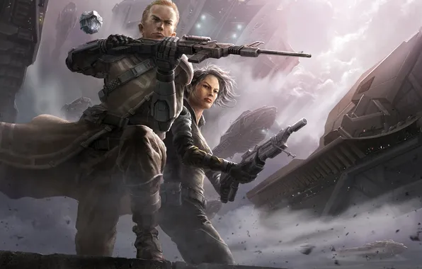 Girl, weapons, the wind, ship, art, guy