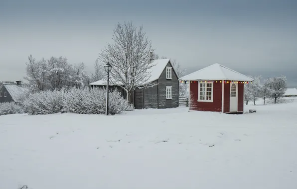 Winter, snow, trees, the city, home, lamp post
