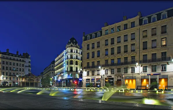 Night, lights, France, home, area, lights, fountain, Lyon