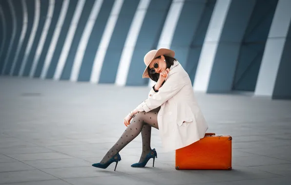 Picture hat, suitcase, legs, sitting, Elena, Evgeniy Vigurskiy