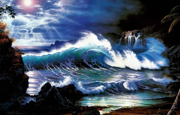 Fantasy, storm, beach, sea, water, clouds, palm tree, CHRISTIAN RIESE LASSEN