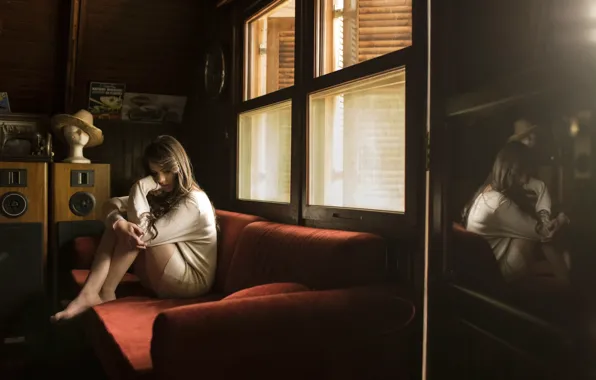 Picture reflection, loneliness, room, sofa, girl Julia