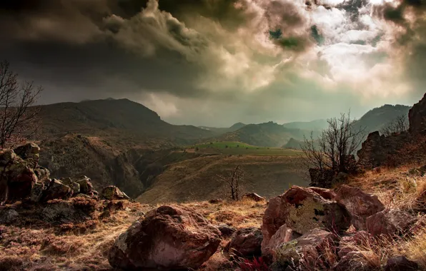 Clouds, mountains, fog, stones, rocks, morning, haze, the bushes