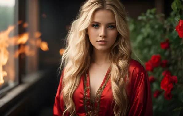 Look, girl, portrait, blonde, in red, AI art, neural network
