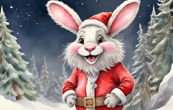 Winter, forest, snow, night, smile, hare, Christmas, New year