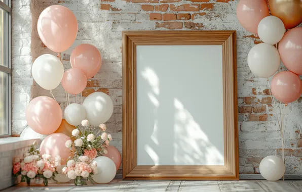 Balls, light, flowers, balloons, wall, holiday, frame, window