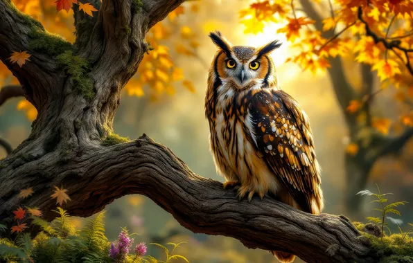 Autumn, forest, owl, bird, branch, owl, AI art, neural network