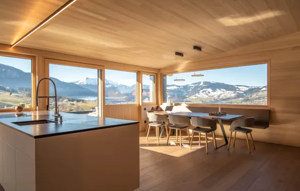 The sun, light, mountains, table, tree, chairs, interior, sink