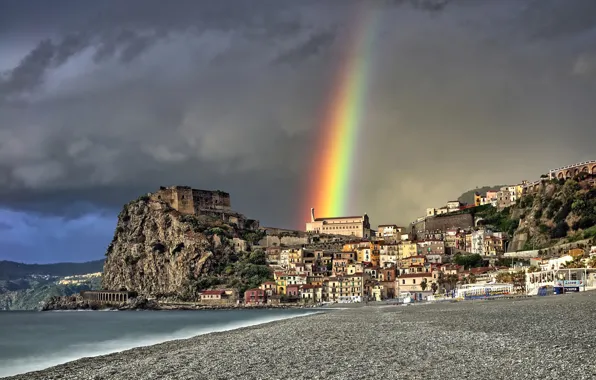 Picture sea, landscape, rocks, shore, home, rainbow, Italy, municipality