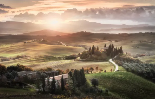 Road, hills, field, home, Italy, Tuscany