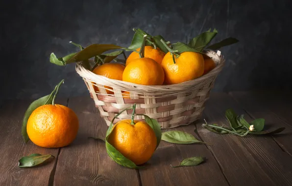 Picture leaves, basket, tangerines, Maxim Chikunov