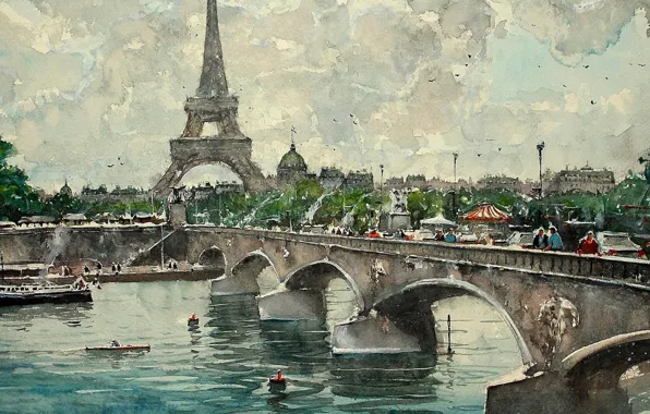 Bridge, river, Paris, picture, watercolor, Eiffel tower, the urban landscape, Maximilian DAmico