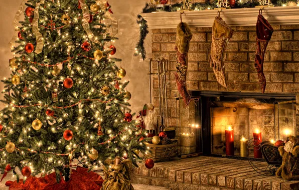 Decoration, angel, candles, lights, Santa, The inscription, fireplace, Santa Claus