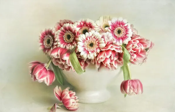 Picture flowers, bouquet, art, white, vase, still life, painting, light background