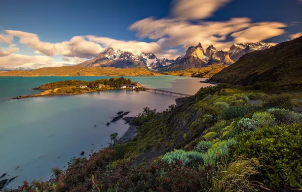 Picture mountains, bridge, lake, island, Chile, Patagonia, national Park Torres del Paine