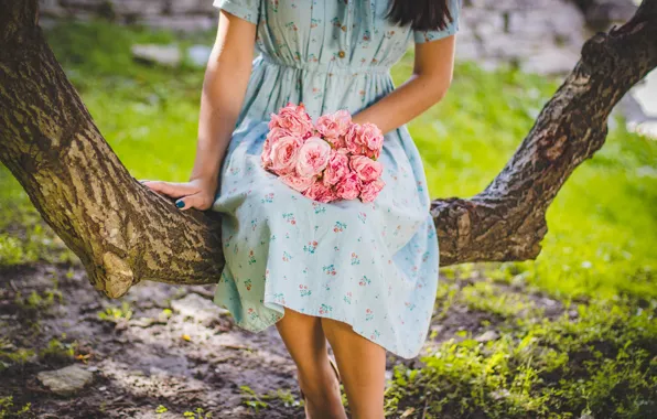 Picture girl, flowers, tree, dress