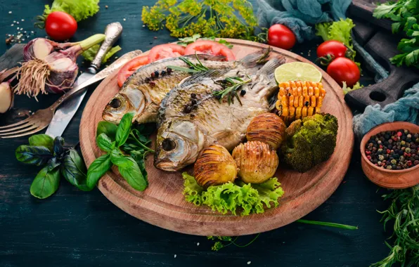 Food, fish, vegetables, spices, potatoes, cutting Board, baked, Basil