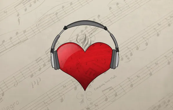 Notes, heart, headphones, loves music